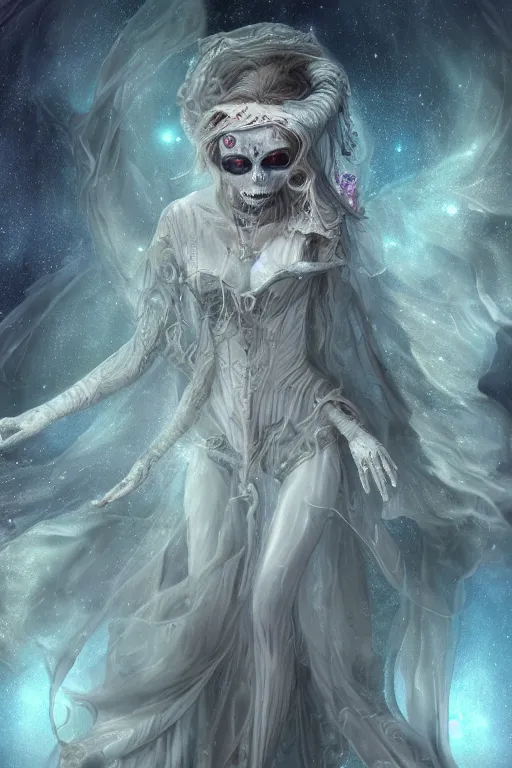 Prompt: a wlop 3 d render of very very very very highly detailed beautiful mystic portrait of a phantom undead ballerina with whirling galaxy around, tattoos by anton pieck, intricate, extremely detailed, flowing dress, digital painting, artstation, concept art, smooth, sharp focus, illustration, intimidating lighting, incredible art,