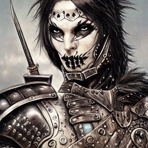 Image similar to portrait of a skinny punk goth warrior wearing armor by frank fazetta, fantasy, barbarian, hardcore