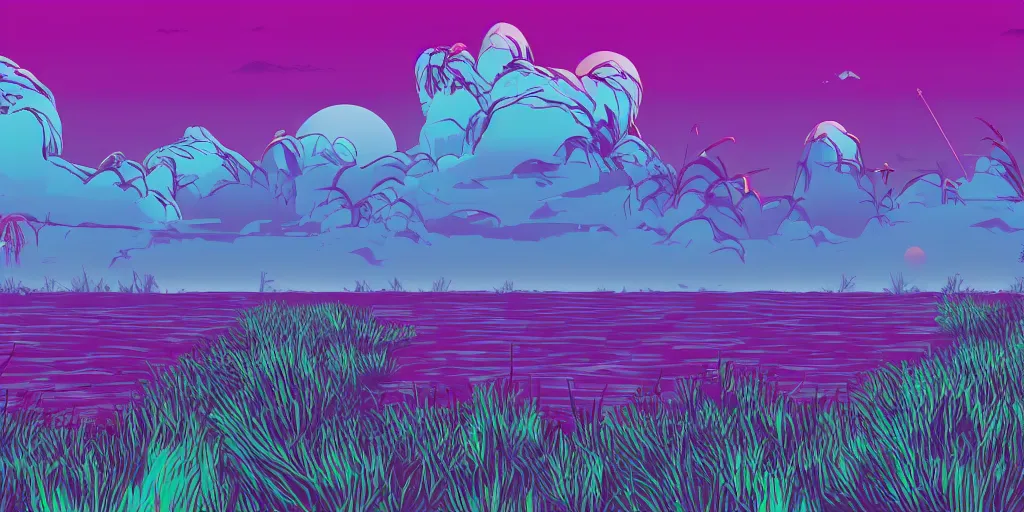Prompt: A Background of a synthwave marsh environment