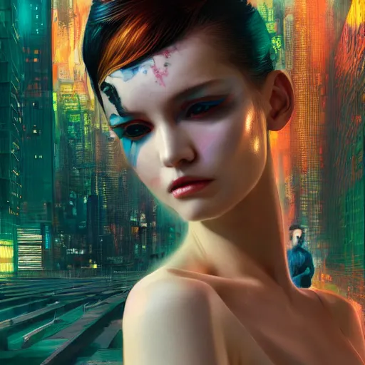 Image similar to the portrait of an absurdly beautiful, graceful, elegant, sophisticated, fashionable cyberpunk gravure idol, an ultrafine hyperdetailed illustration by kim jung gi, irakli nadar, hanna moon, leslie zhang intricate linework, bright colors, collage, porcelain skin, unreal engine 5 highly rendered, cgsociety, global illumination, radiant light, detailed and intricate environment