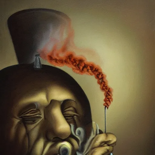 Prompt: a surreal painting of a man with a chimney in his head and smoke coming out