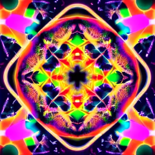 Image similar to a photo of a distant nebular in space with geometric kaleidoscopic pattern of neon colors trending 4 k intricate digital art