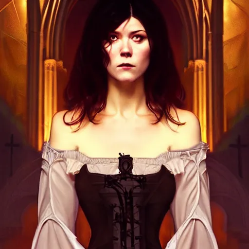 Prompt: a portrait digital painting of mary elizabeth winstead as a vampire in a gothic cathedral at night, gloomy, horror, photograph by artgerm and alphonse mucha and ross tran and greg rutkowski.