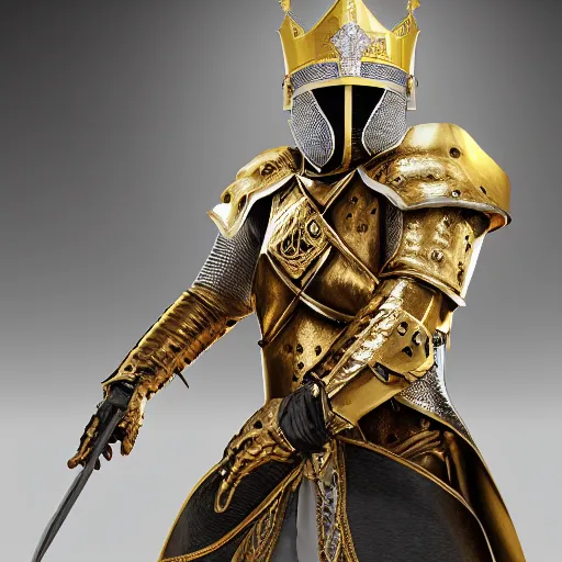Image similar to a highly detailed full-length knight in a golden helmet and crown with a diamond in the center, golden armor, leather clothes under the armor, leather gloves, king artstation, DeviantArt, professional, octane render, epic, blender