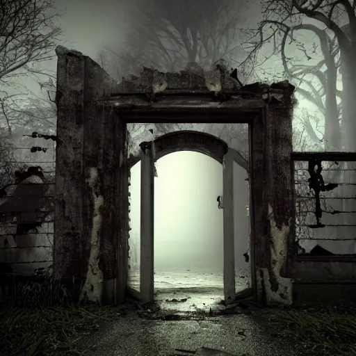 Prompt: a zombie at the gate of a decrepit house, night, misty, scary, spooky, dramatic lighting, moody, octane render