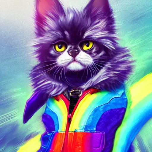 Image similar to wide angle full body, jacket wearing fluffy cute rainbow kitten wearing a black leather motorcycle jacket, riding on a motorcycle, cinematic concept art