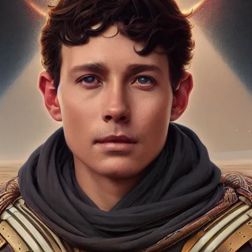 Image similar to a portrait of paul atreides from dune cinematic lighting, photorealistic, octane render, 8 k, depth of field, 3 d, art by artgerm and greg rutkowski and alphonse mucha and uang guangjian and gil elvgren and sachin ten