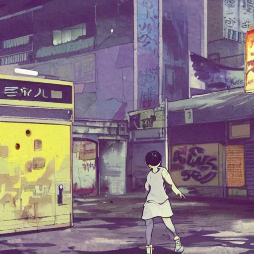 Image similar to incredible wide screenshot, ultrawide, simple watercolor, rough paper texture, ghost in the shell movie scene, backlit distant shot of girl in a parka running from a giant robot invasion side view, yellow parasol in deserted dusty shinjuku junk town, broken vending machines, bold graphic graffiti, old pawn shop, bright sun bleached ground, mud, fog, dust, windy, scary robot monster lurks in the background, ghost mask, teeth, animatronic, black smoke, pale beige sky, junk tv, texture, brown mud, dust, tangled overhead wires, telephone pole, dusty, dry, pencil marks, genius party,shinjuku, koji morimoto, katsuya terada, masamune shirow, tatsuyuki tanaka hd, 4k, remaster, dynamic camera angle, deep 3 point perspective, fish eye, dynamic scene