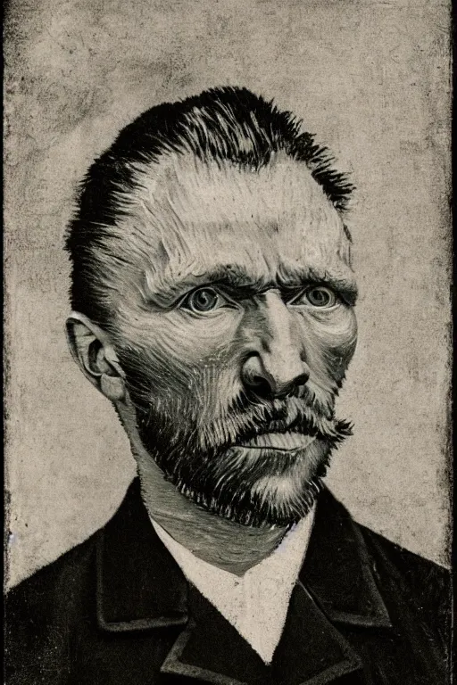 Image similar to a monochrome daguerrotype realistic, supersharp portrait of vincent van gogh, shallow depth of field