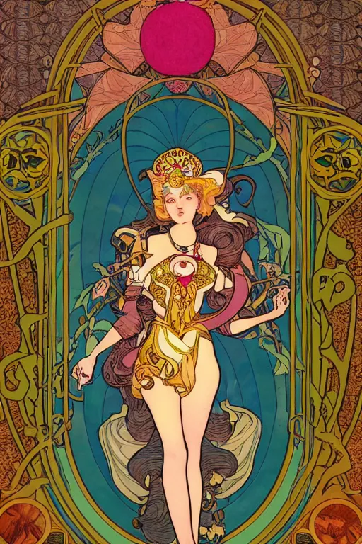 Prompt: full length painting of princess peach art nouveau, tarot card by mucha, gaudy colors, sharp edges, octane render, intricate linework.