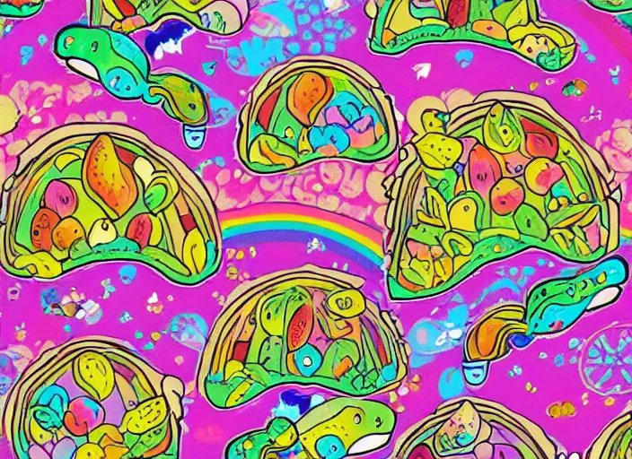 Prompt: 🌈🍄🐢🌿, lowbrow, in the style of lisa frank,