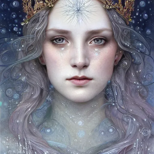 Prompt: Beautiful Delicate Detailed full head portrait of the queen of winter, With Magical grey eyes by Tom Bagshaw, Bastien Lecouffe Deharme, Erik Johansson, Amanda Sage, Alex Grey, Alphonse Mucha, Harry Clarke, Josephine Wall and Pino Daeni, Delicate winter frozen creature With long white windy Hair and Magical Sparkling Eyes, Magic Particles; Magic Swirls, in a oit of this world magical frozen landscape, 4K; 64 megapixels; 8K resolution concept art; detailed painting; digital illustration; hyperrealism; trending on Artstation; Unreal Engine Photorealistic, lifelike, Unreal Engine, sharp, sharpness, detailed, 8K