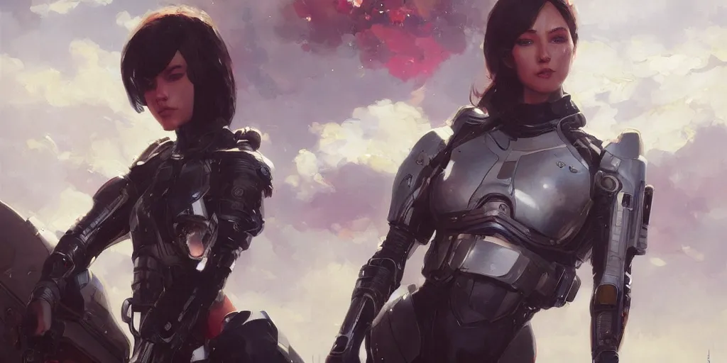 Image similar to an ultradetailed beautiful portrait panting of an attractive woman wearing scifi armour, oil painting, fantasy art, by ilya kuvshinov, greg rutkowski and makoto shinka