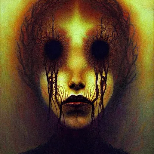 Image similar to dramatic portrait painting of woman with black mandelbrot fractal instead of face, in style of zdzisław beksinski, horror, body horror, dark, disturbing,