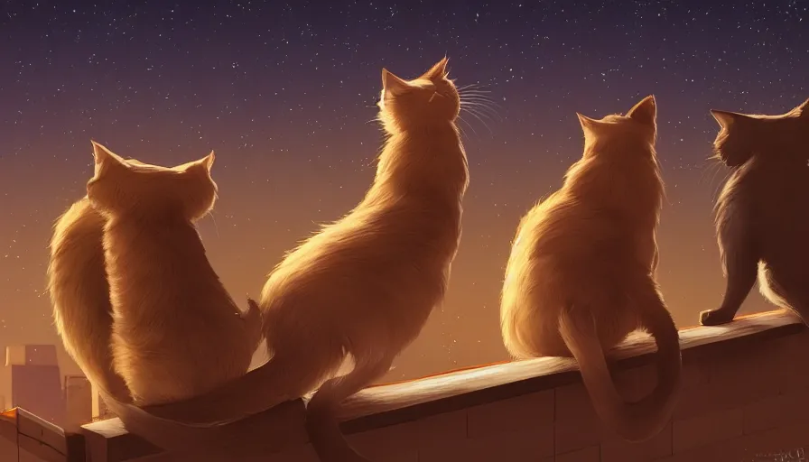 Image similar to back view of cats on rooftop looking at the stars during night, hyperdetailed, artstation, cgsociety, 8 k