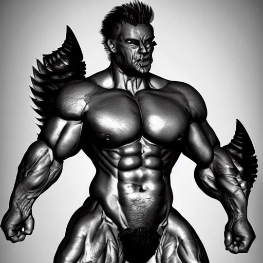 Image similar to male bodybuilder Satan wears a swimming trunks ,devil,satan, hell, landscape, environment, artstation