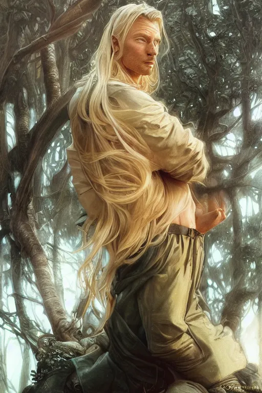 Image similar to portrait of a blonde herculian man in a bomber - jacket, flowing hair, forest, full body, muscular, fantasy, intricate, elegant, highly detailed, digital painting, artstation, concept art, sharp focus, illustration, art by artgerm and greg rutkowski and alphonse mucha