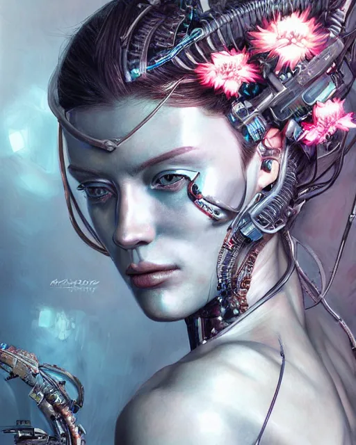 Prompt: photo realism portrait of beautiful cyborg woman in cyborg clothes detailed metal, romantisism, outrun, pastel flowers, painting, dramatic, detailed, by android jones