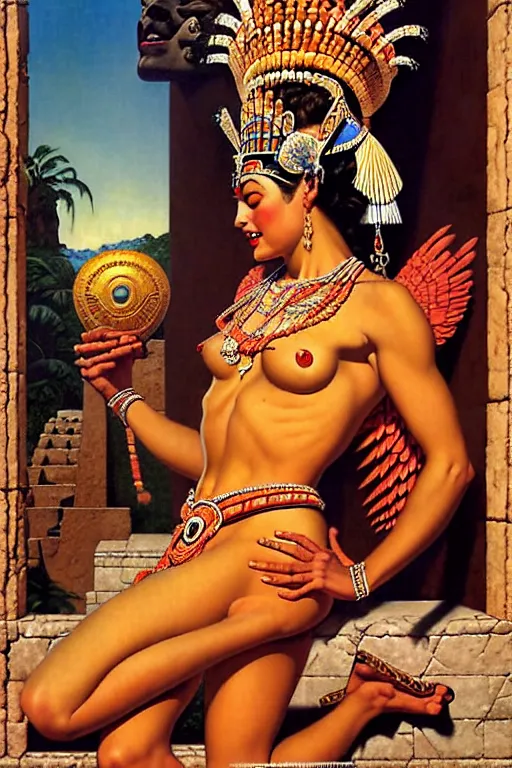 Image similar to an aztec goddess queen in a temple by gil elvgren and norman rockwell and rob gonsalves and hajime sorayama, hyperrealistic, high detail, ultra detailed, highly detailed face, feminine facial features, ruffled fabric