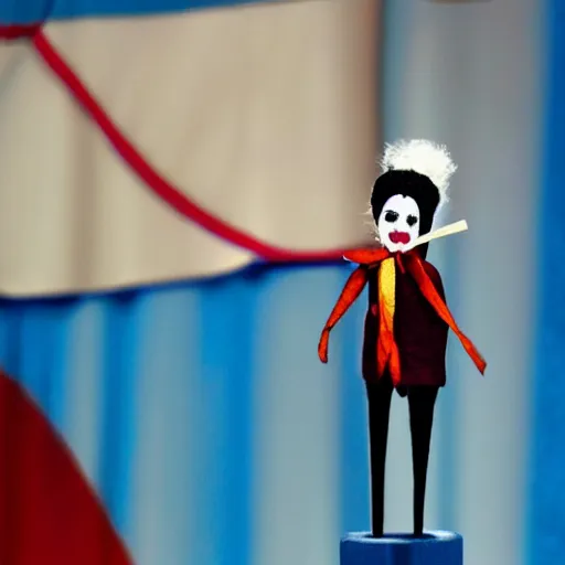 Image similar to string puppet of a president with clown makeup in a podium and a human shadow behind