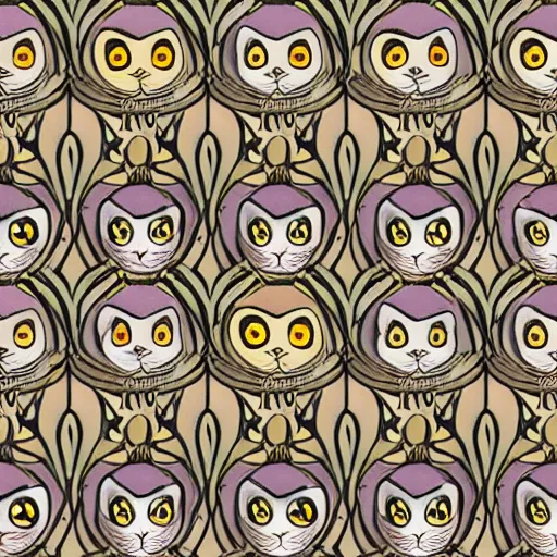 Image similar to drawing realistic stylized cute smiling cats in the style of art nouveau in a repeating pattern. symmetric. detailed. hd