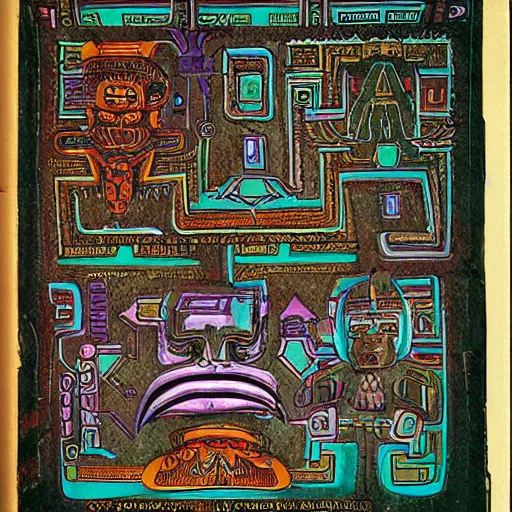 Prompt: Ancient Mayan codex with illustrations of System Shock 2