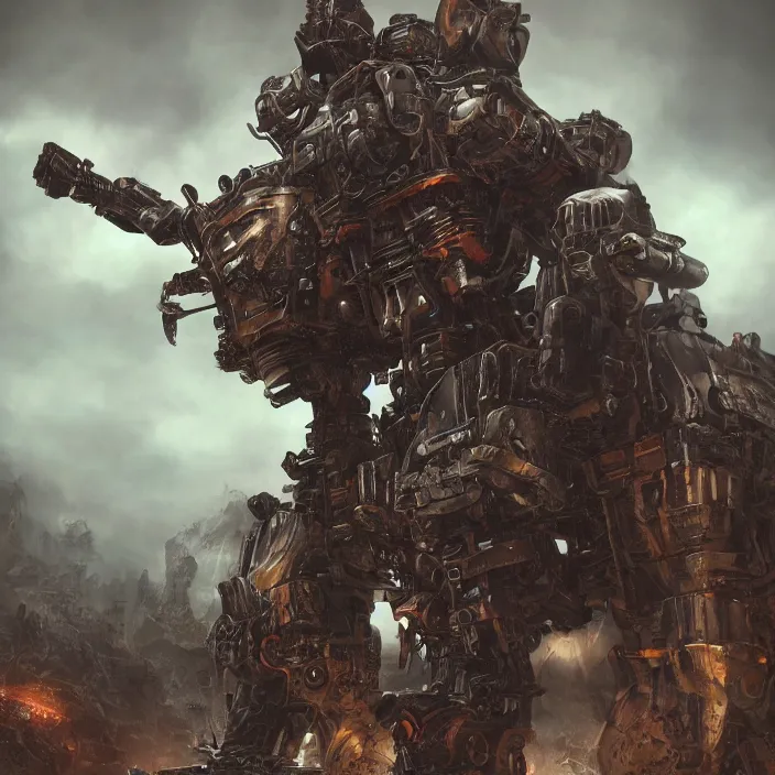 Image similar to gritty mech warrior bot, hyper - detailed, octane render, sharp focus, 4 k ultra hd, fantasy dark art, apocalyptic art