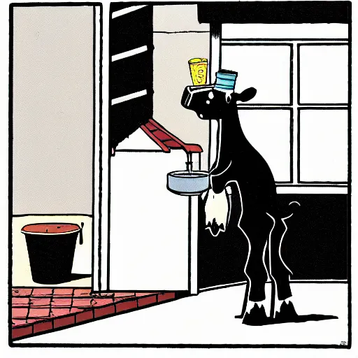 Image similar to a cow points at a bucket, illustrated by gary larson, far side comic, b & w