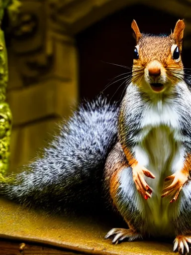 Prompt: a squirrel as king arthur, extremely plump, wearing crown of acorns and dandelions, servant squirrels, king arthur's court, game of thrones, sitting on throne, low angle, palace, fantasy art, cinematic lighting, realistic, sony 2 4 mm f 4. 0