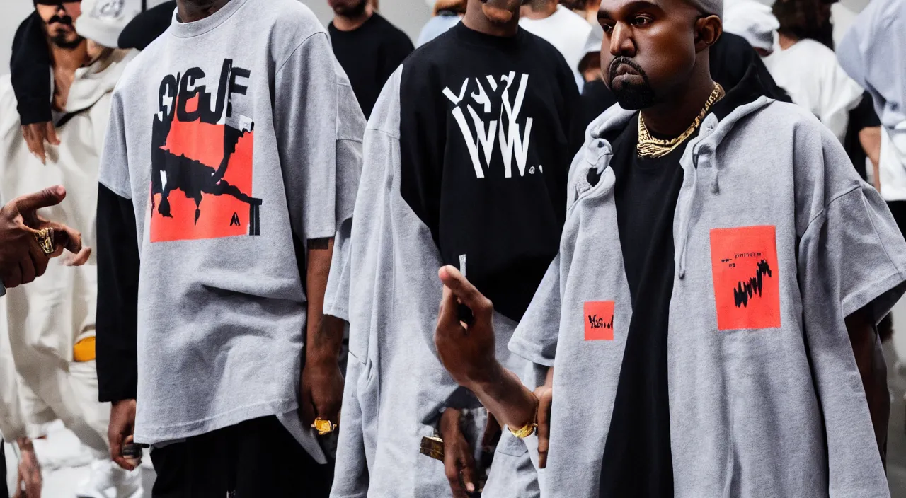 Image similar to A successful collab print on a T-shirt in these days by Kanye West by Virgil Abloh by A-COLD-WALL* by GOLF WANG by STÜSSY by VETEMENTS , trending on markets, sold out piece