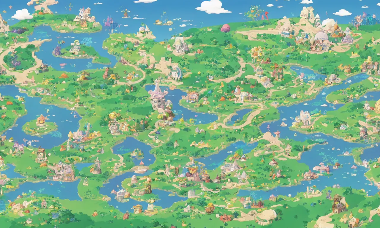 Prompt: a map of a fantasy land, a storybook illustration, featured on behance, magical beautiful landscape, 2 d game art by chiho aoshima, by studio ghibli