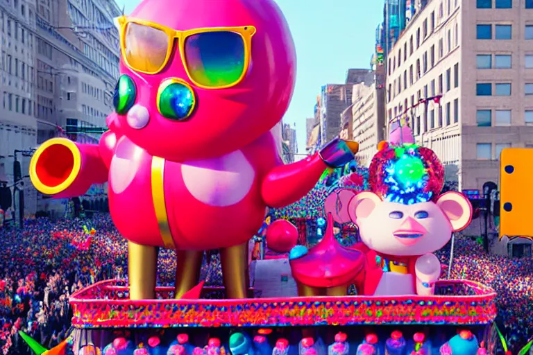 Prompt: photo of giant cute elaborate parade float character designed by ( ( ( ( ( ( ( ( rutowski ) ) ) ) ) ) ) ) and beeple!!!!!!!!!!!!!!, in the macys parade, detailed 4 k photo,