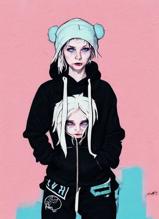 Image similar to highly detailed portrait of a swedish sewer punk lady student, blue eyes, tartan hoody, hat, white hair by atey ghailan, by greg tocchini, by kaethe butcher, gradient pink, black, brown, cream and light blue color scheme, grunge aesthetic!!! ( ( graffiti tag wall white background ) )