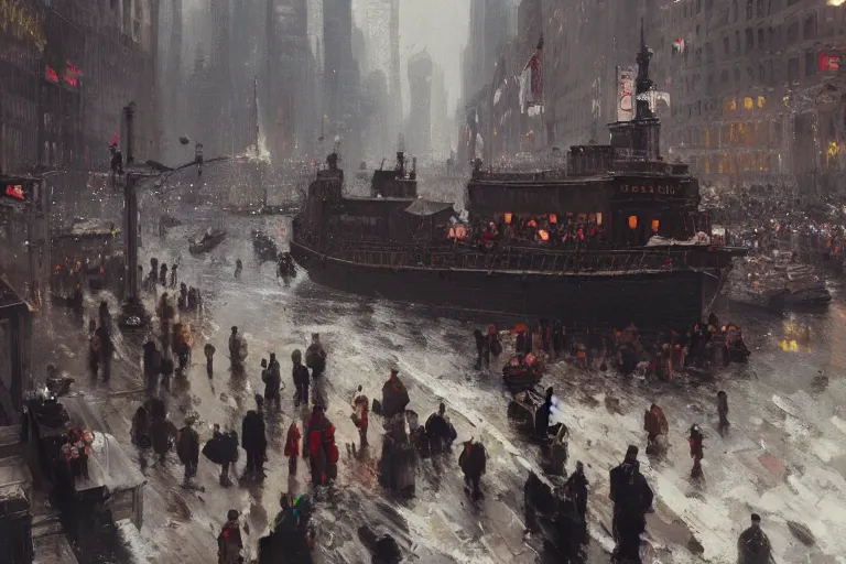 Image similar to a painting of polish immigrants arriving in new york in 1 8 9 3 in new york by greg rutkowski, trending on artstation