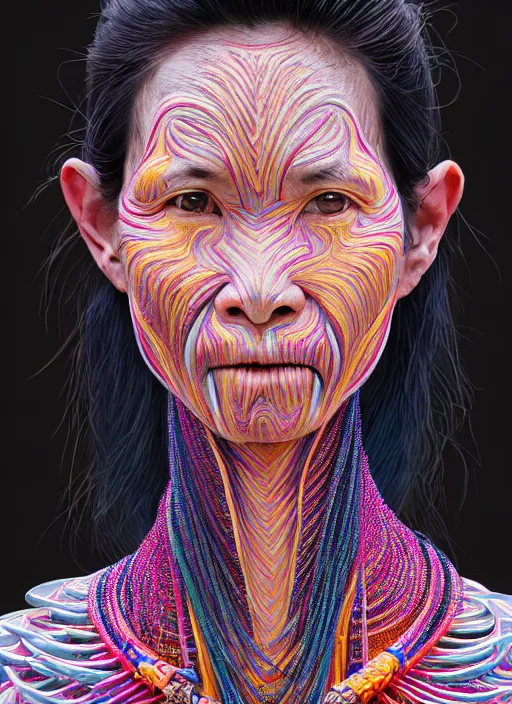 Image similar to portrait of catriona balfe, hyper detailed ultra sharp kayan people ( myanmar ) long - neck woman. trending on artstation, warpaint aesthetic, colorful, psychedelic, ornate, intricate, digital painting, concept art, smooth, sharp focus, illustration, art by artgerm and greg rutkowski and h. r. giger, 8 k