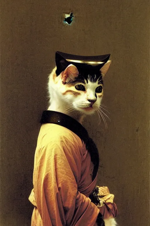 Prompt: portrait of a cat samurai, wearing samurai armor and helmet, by bouguereau