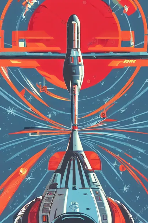 Image similar to high quality illustration of a futuristic spaceship in orbit around the earth, centered on a soviet era style propaganda poster, retro futurism