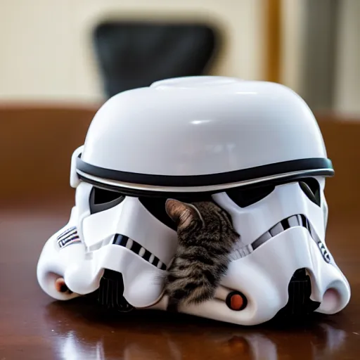 Image similar to a cat wearing a stormtrooper helmet while on the kitchen table, 40nm lens, shallow depth of field, split lighting, 4k,