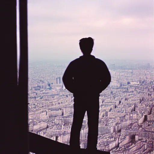 Image similar to photograph of a guy standing on top of the eiffel tower, portra 8 0 0
