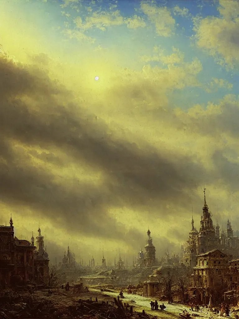 Image similar to post apocalyptic city by ivan shishkin and aivazovsky, oil on canvas, highly detailed, masterpiece