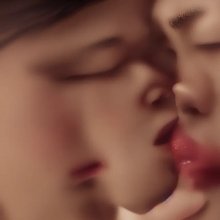 Image similar to cinematic romantic movie kiss close up by wong kar-wai, cinematic, hyper realism, octane render, 8k, depth of field