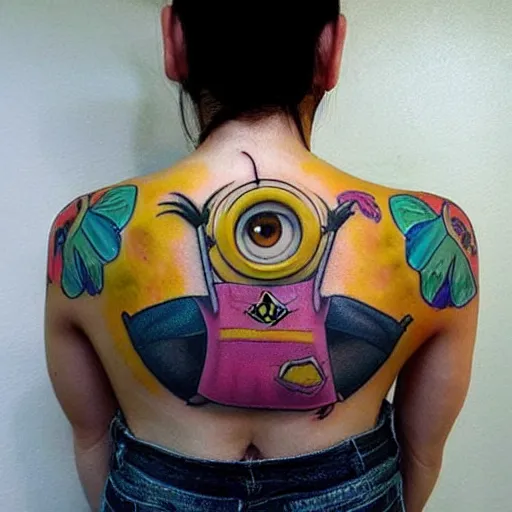 Image similar to tattoo of minion on female back, epic, colorful, beautiful, intricate detail