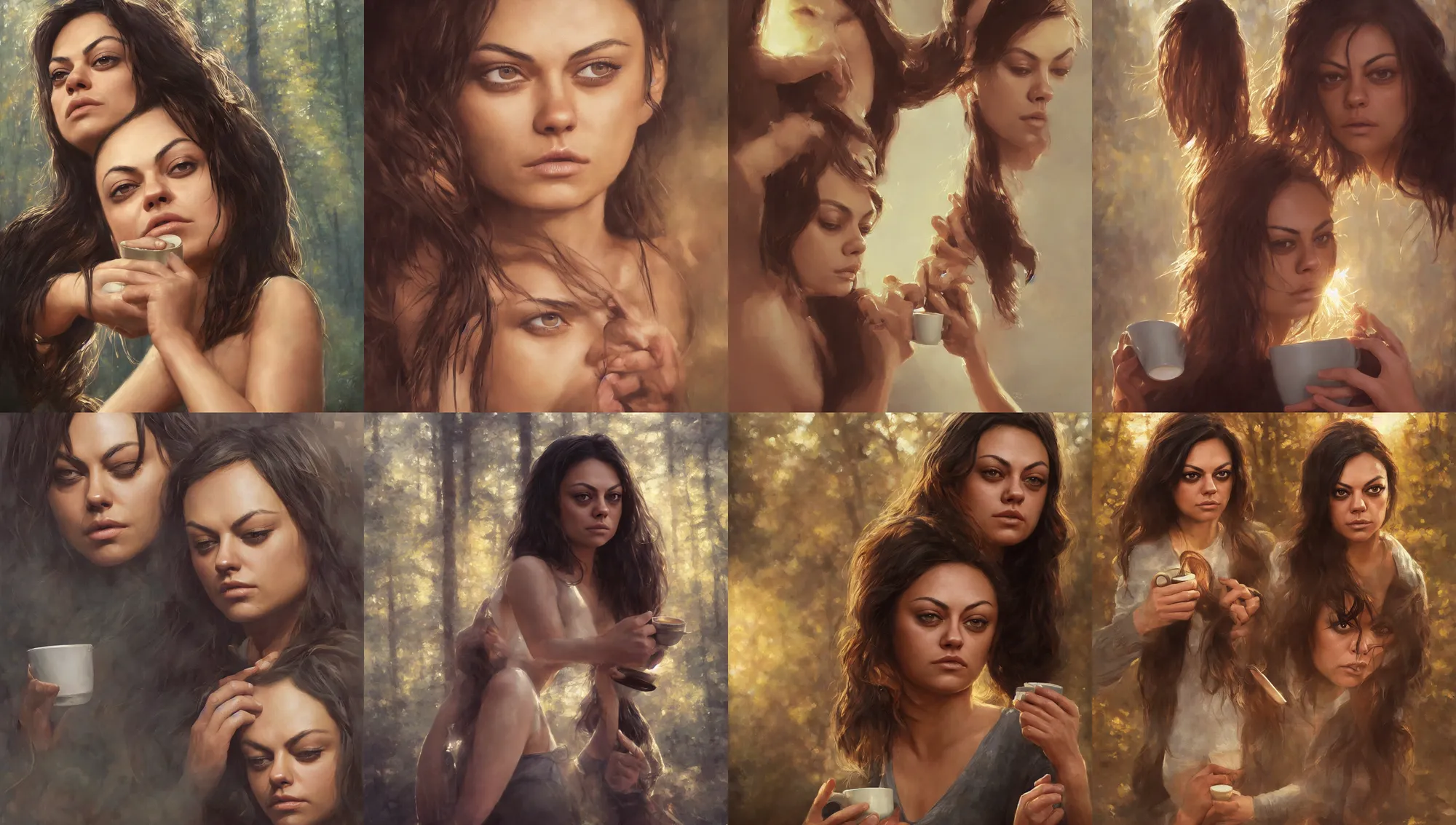 Image similar to close portrait of sleepy mila kunis waking up with coffee, dramatic light, morning golden hour, forest cabin background, 2 0 0 mm focal length, 1 9 7 0 s, painted by stanley lau, painted by greg rutkowski, painted by stanley artgerm, digital art, trending on artstation