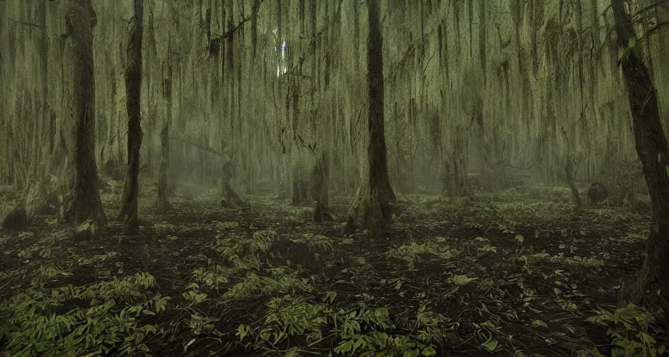 Image similar to A dense and dark enchanted forest with a swamp, from Kenshin