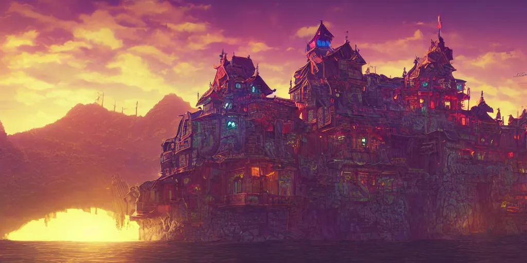 Image similar to cyberpunk fantasy valley floating castle stylized digital illustration sunset hue cinematic atmosphere retro kingdom civilization architecture iridescence steampunk global illumination ray tracing