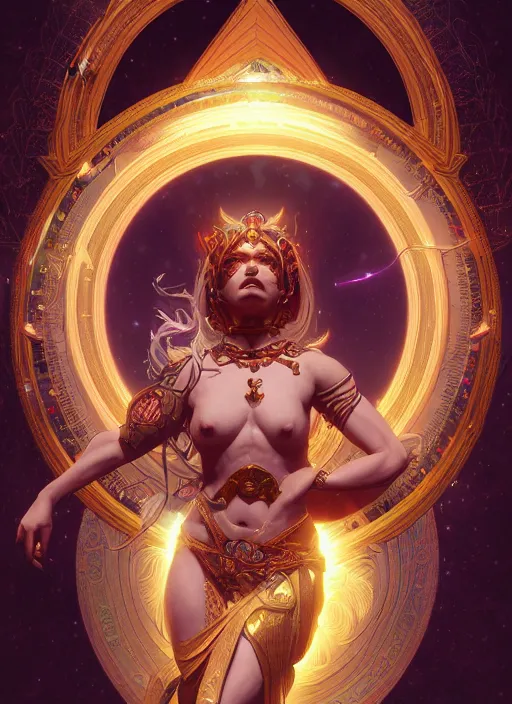 Image similar to Divine cosmic female power, glyphs, magic, artstation, high contrast, dramatic lighting, cgsociety, very detailed, intricate, detailed illustration, by artgerm and greg rutkowski and alphonse mucha, octane render, unreal engine, hyperrealism