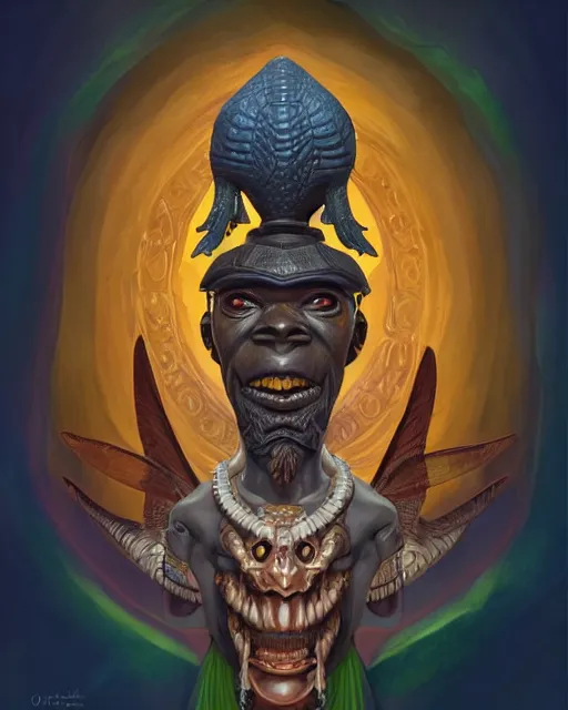 Prompt: ogbnabali, a shinigami wizard of ancient igbo with a crocodile head and bird wings. noble bearing. award winning ornate symmetry matte portrait, artgerm, rhads watercolor, serenity