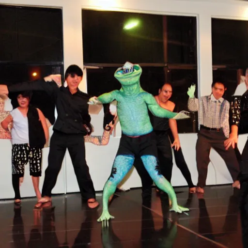 Image similar to Gangnam Style dance being performed by lizard men