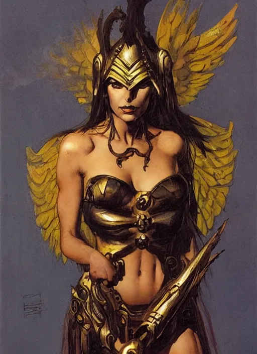 Image similar to portrait of european female chaos angel, beautiful! coherent! by frank frazetta, by brom, strong line, deep color, copper armor, iron helm, high contrast, maximalist