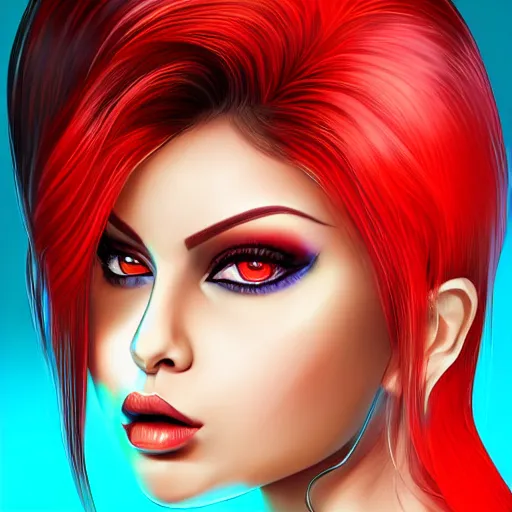 Prompt: portait of haifa wehbe, perfect lips, long hair blue centred, hd, very detailed curve, digital painting, art painting, unreal engine, final fantasy style, amazing red orange background theme